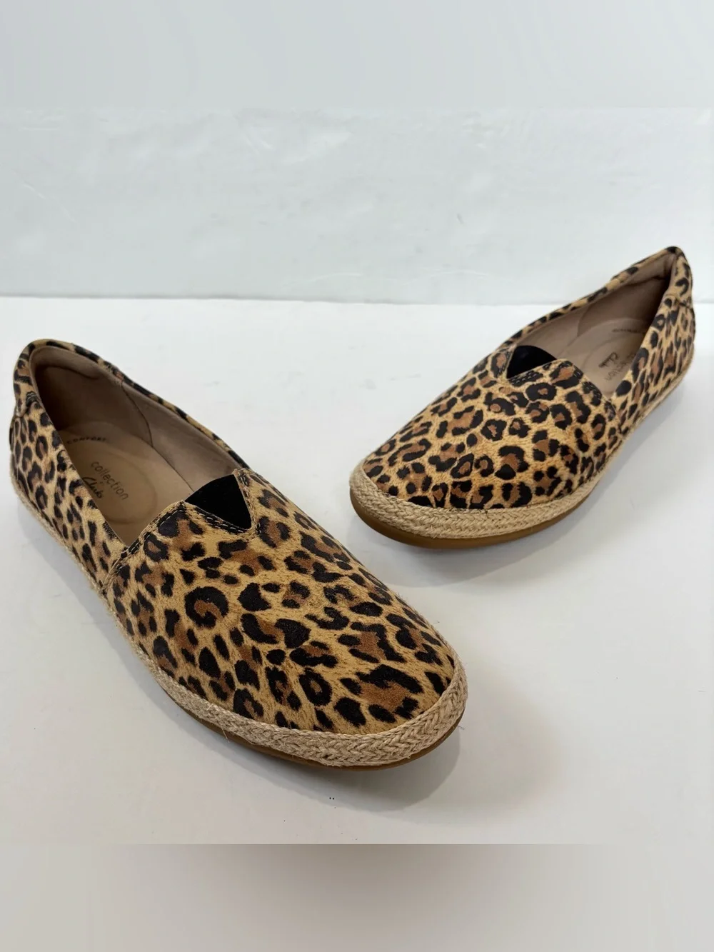CLARKS Tan Leopard Print Suede Danelly Sky Espadrille Perforated Slip On Flats